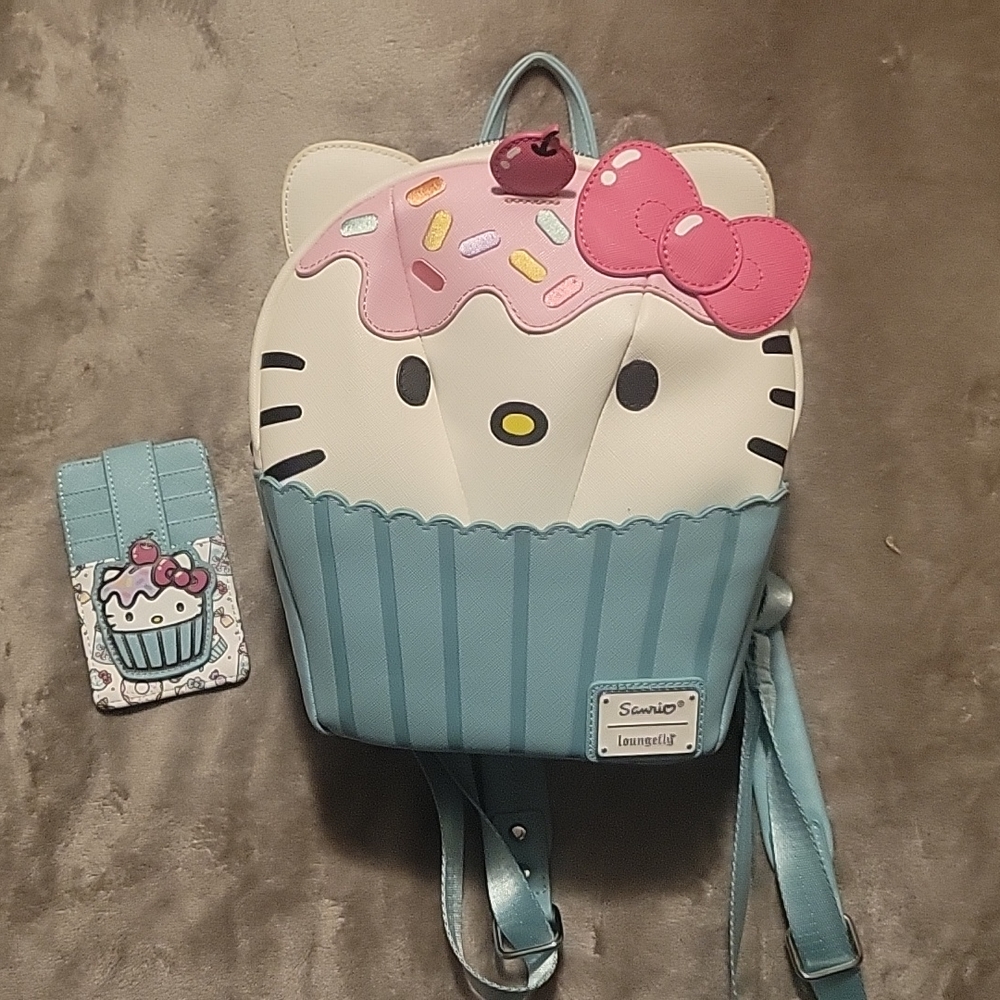 Loungefly hello kitty cupcake mini backpack and matching card holder bundle
